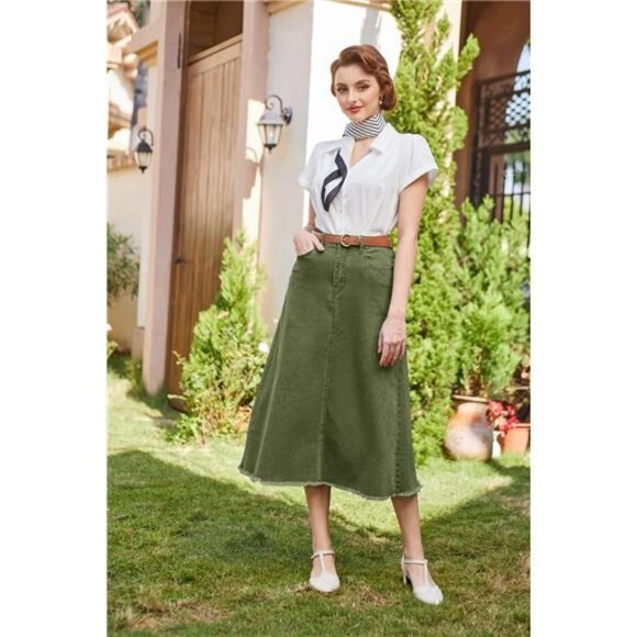 Denim Skirts Elastic High Waist Green - Picture 3 of 5